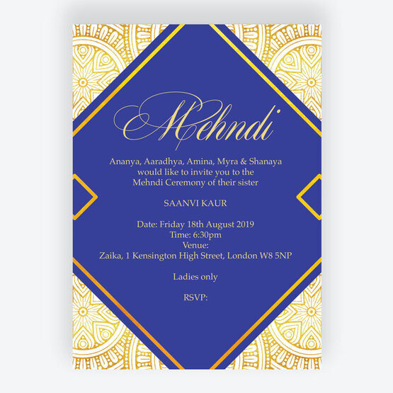 Royal Blue & Gold Mehndi / Baraat Card