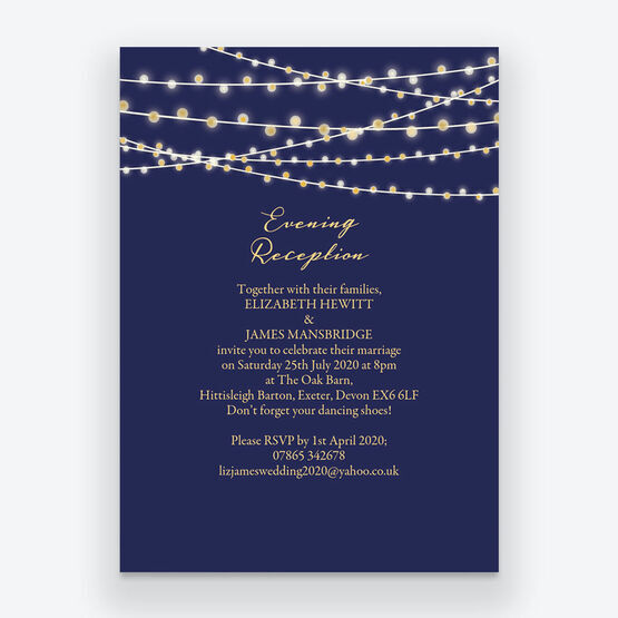 Navy & Gold Fairy Lights Evening Reception Invitation