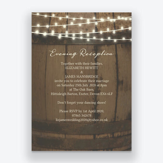 Rustic Barrel & Fairy Lights Evening Reception Invitation