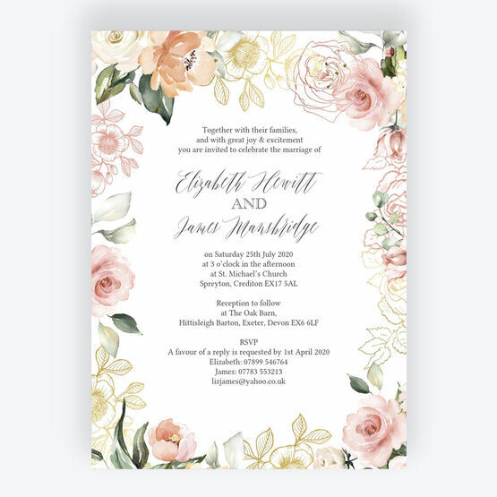White, Blush & Rose Gold Floral Wedding Invitation