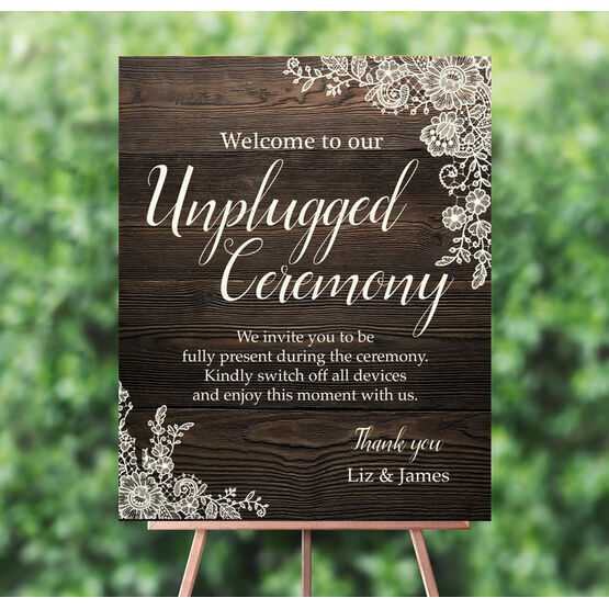 Rustic Wood & Lace 'Unplugged Wedding Ceremony' Sign
