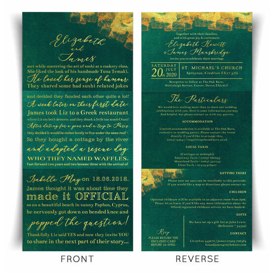 'Our Love Story' Emerald & Gold Wedding Invitation