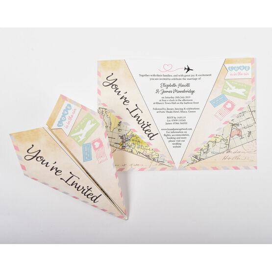 Pastel Coloured Airmail Paper Airplane Wedding Invitation