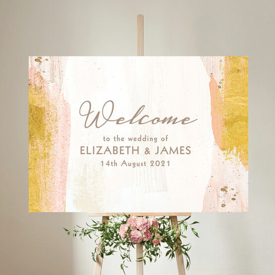 Blush & Gold Brush Strokes Wedding Welcome Sign