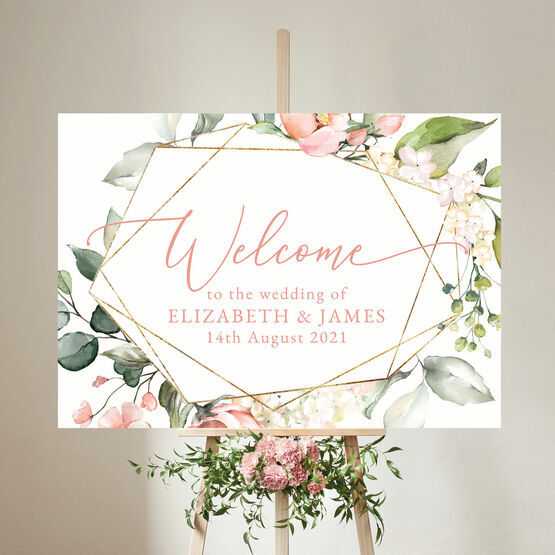 White, Blush & Rose Gold Floral Wedding Welcome Sign