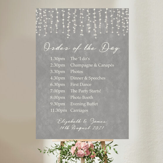 Dove Grey Fairy Lights Wedding Order of the Day Sign