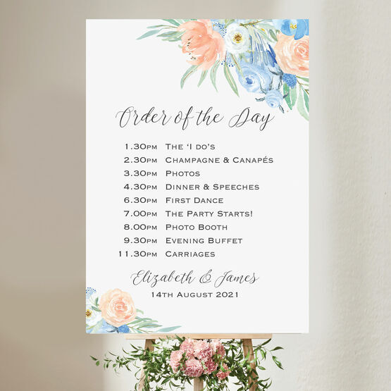 Peach & Blue Floral Wedding Order of the Day Sign