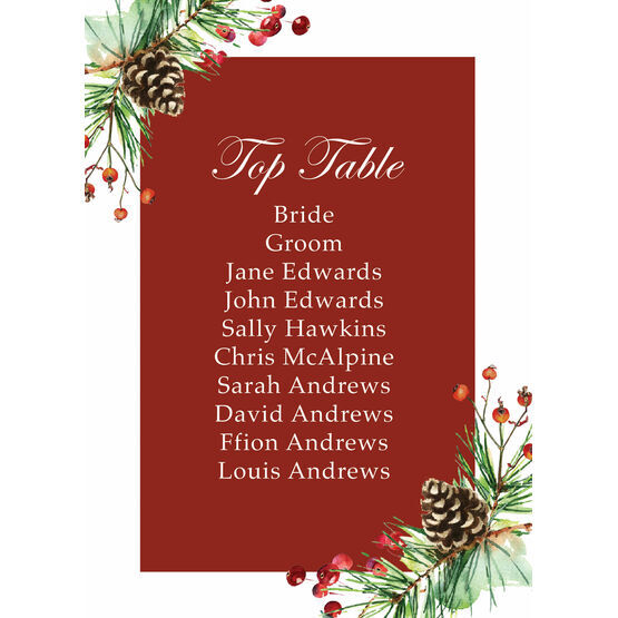 Berries & Pine Cones Christmas Wedding Table Plan Card