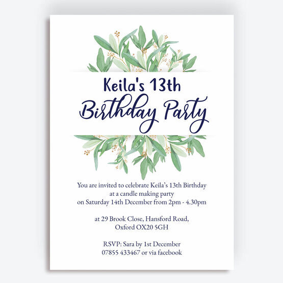Greenery / Leaves Birthday Party Invitation