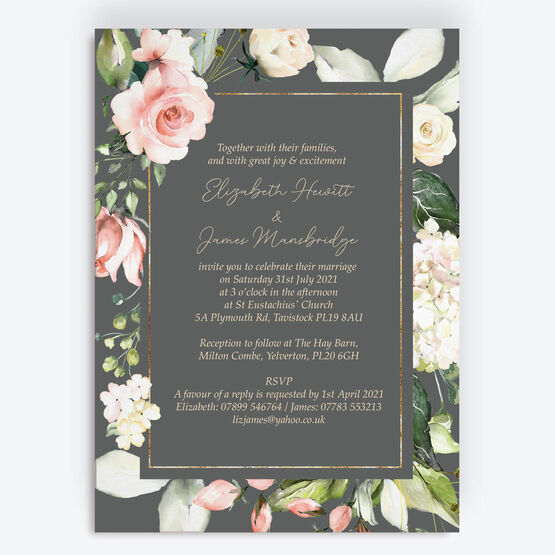 Charcoal, Blush & Gold Geometric Floral Wedding Invitation