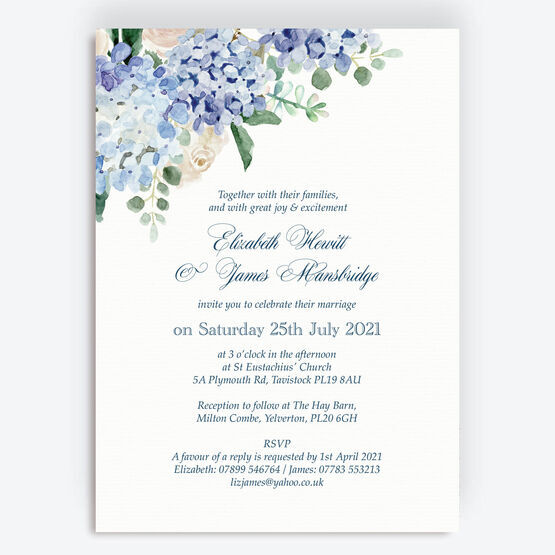 Blue Hydrangea Watercolour Wedding Invitation