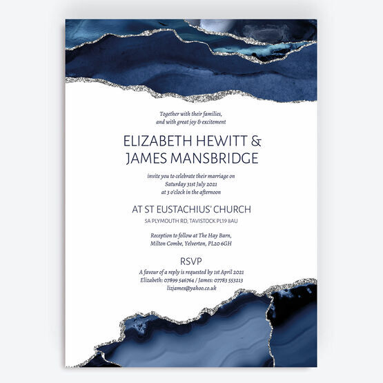 Navy Blue & Silver Watercolour Agate Wedding Invitation