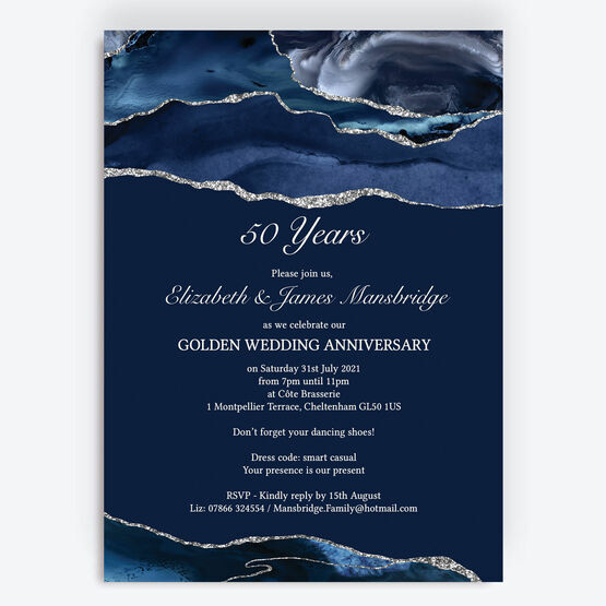 Navy Blue & Silver 50th / Golden Wedding Anniversary Invitation