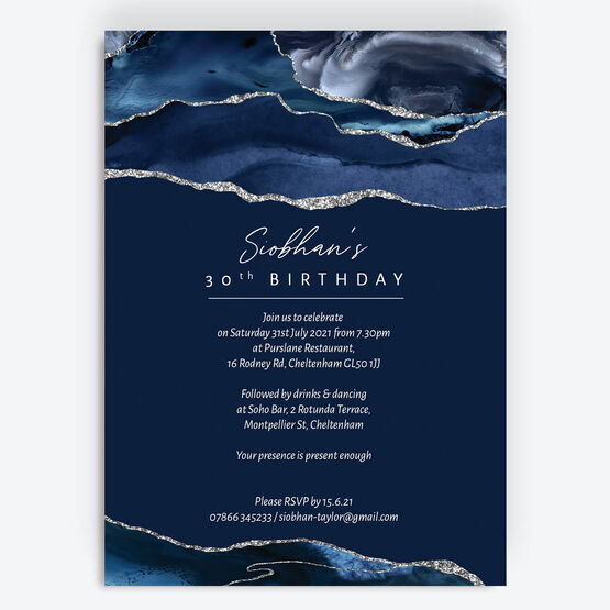 Navy Blue & Silver 30th Birthday Invitation