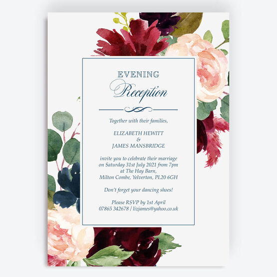 Navy, Burgundy, Blush & White Floral Evening Reception Invitation