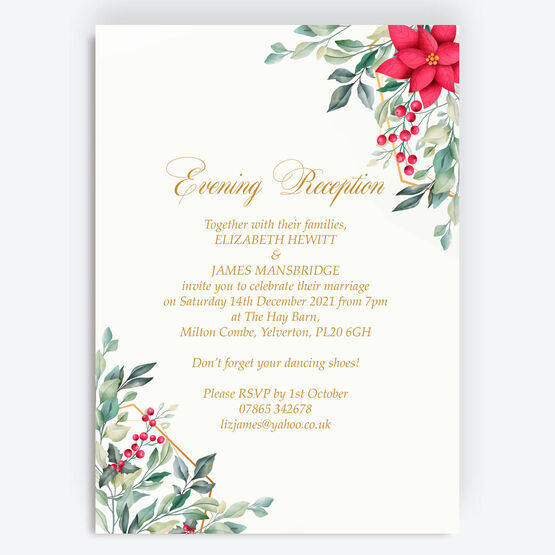 Poinsettia Flowers Winter Wedding Evening Reception Invitation