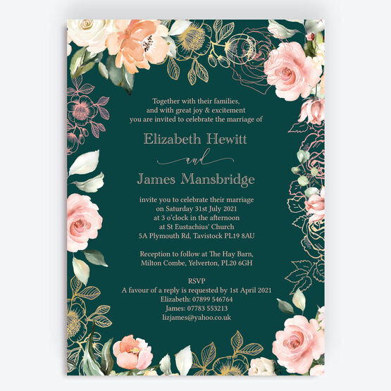 Forest Green, Blush Pink & Rose Gold Floral Wedding Invitation