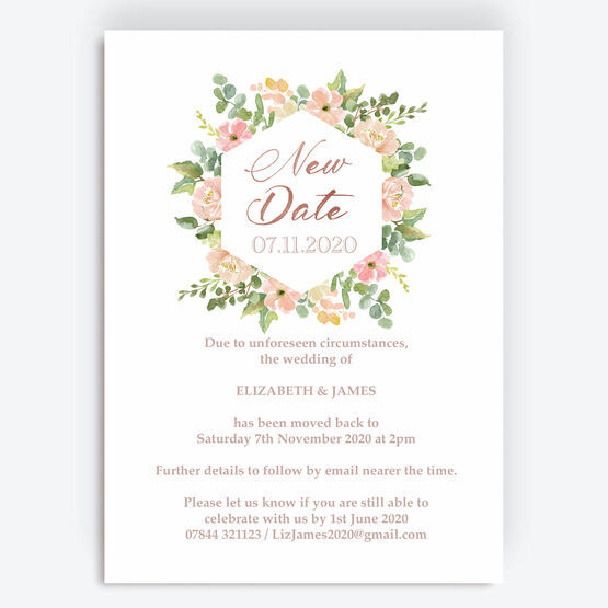 Blush Pink Flowers 'New Date' Wedding Postponement Card