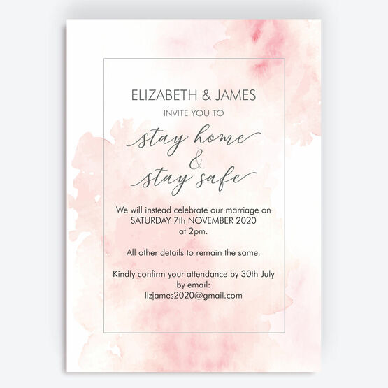 Blush Pink Watercolour 'Stay Home, Stay Safe' Wedding Postponement Card