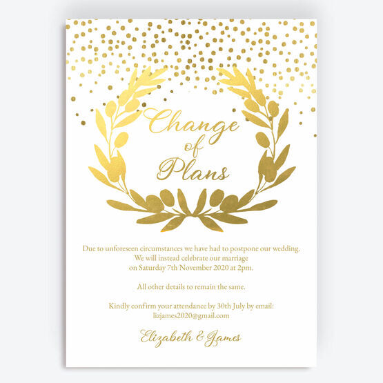 Golden Olive Wreath 'Change of Plan' Wedding Postponement Card