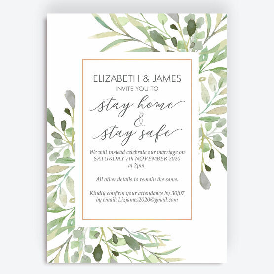 Greenery Frame 'Stay Home, Stay Safe' Wedding Postponement Card