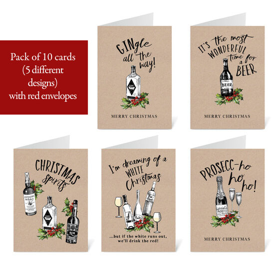 Pack of 10 Mixed Alcohol Themed Christmas Cards with Envelopes
