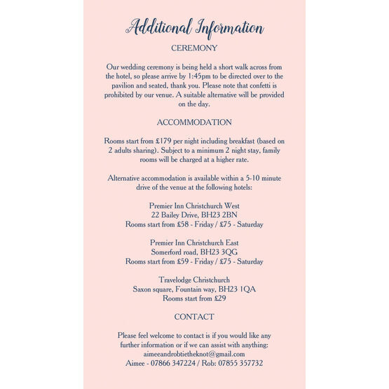 Navy & Pink Guest Information Card